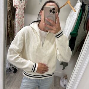 Mango Cream Zip-Up Sweater with Black Stripes